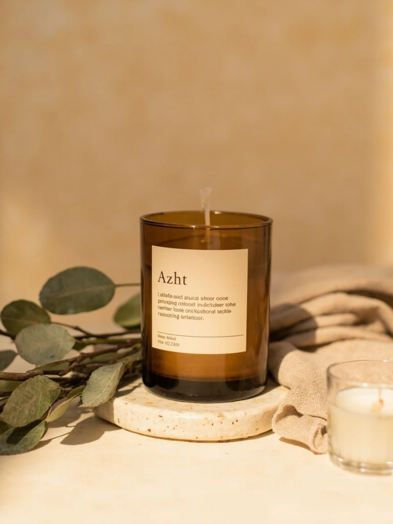 A linen-wrapped still life of Azht amber candle vessels beside dried botanicals on a travertine tray.