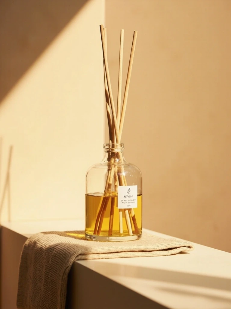 Slender reed diffuser bottle with rattan sticks, No. 02 Linen & Moss.