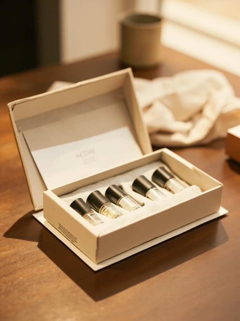 Open discovery set box with six 20ml sample vials nestled in cream card.