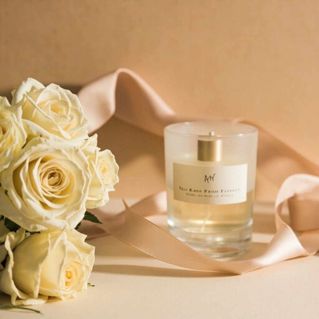 Cream roses and a frosted glass bottle evoking the floral family.