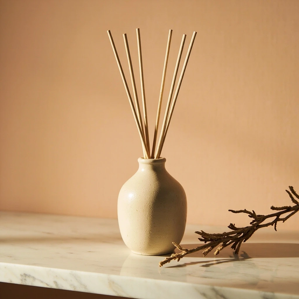 Floral family reed diffuser on a marble shelf.