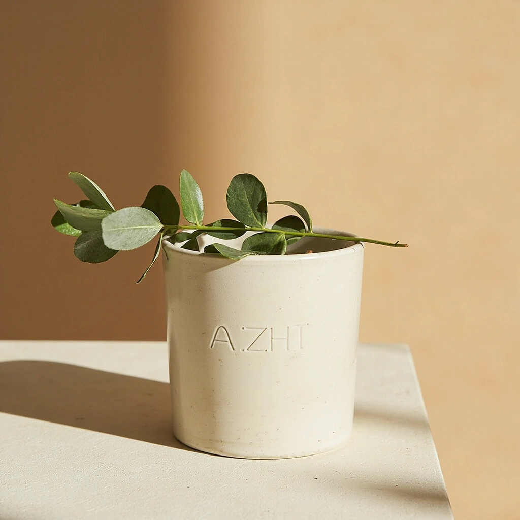 Green family candle in stoneware with eucalyptus.
