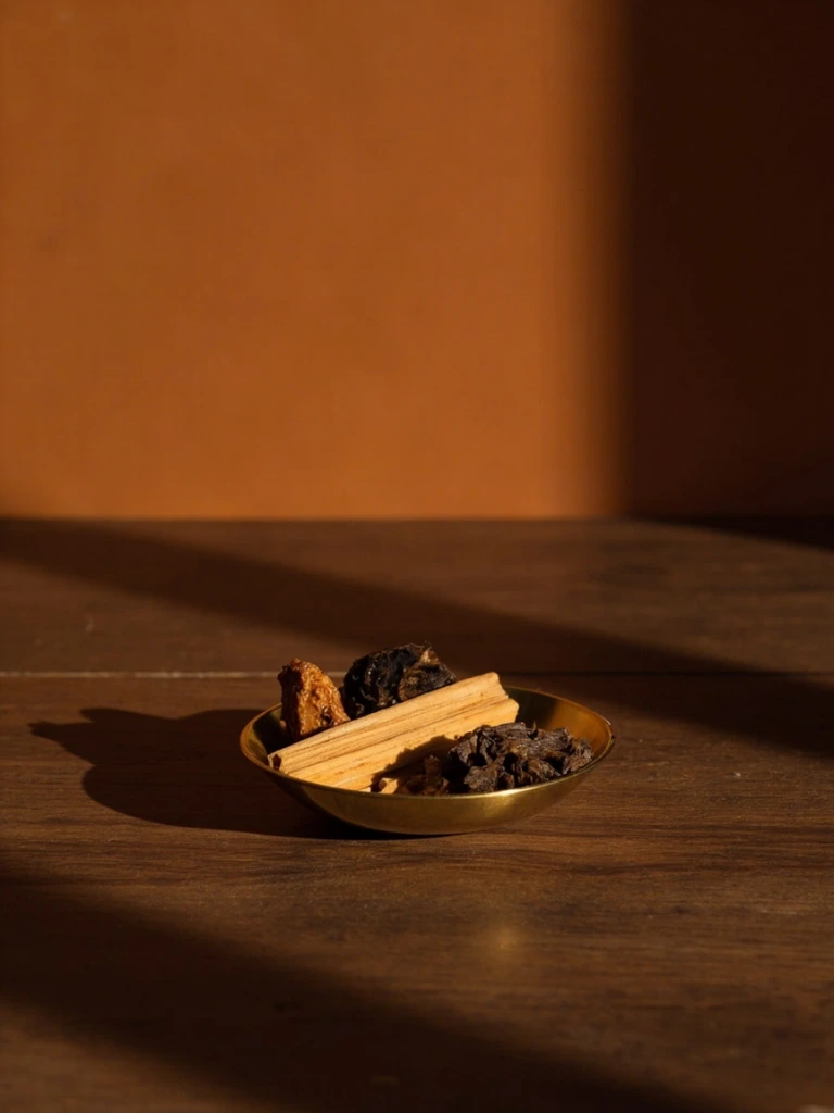 A brass dish with raw frankincense and myrrh on walnut.