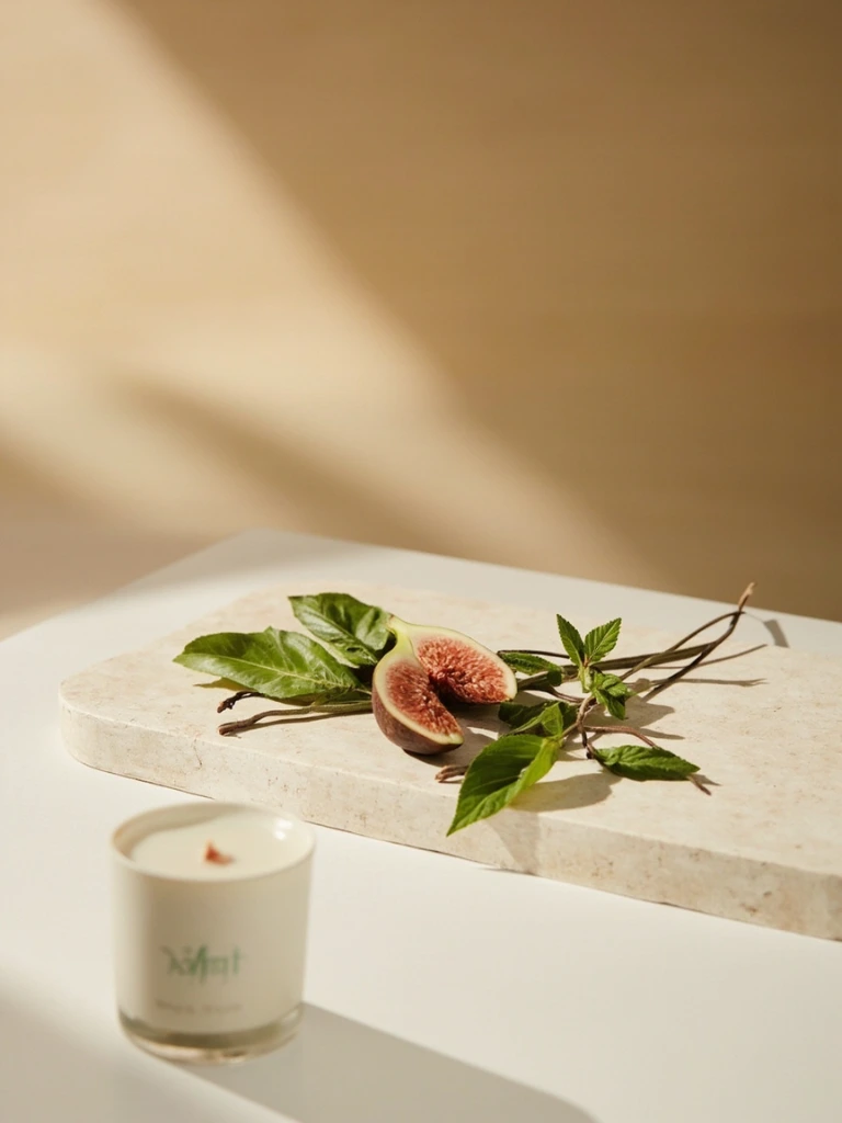 Cut fig leaves and stems on a pale travertine surface.