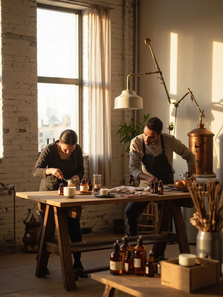Founders Lina Osei and Marcus Velez composing at the Wythe Avenue studio bench.