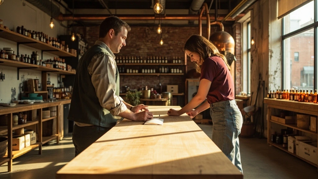 The main pouring bench at the Wythe Avenue studio, with amber ingredient bottles lining the wall.