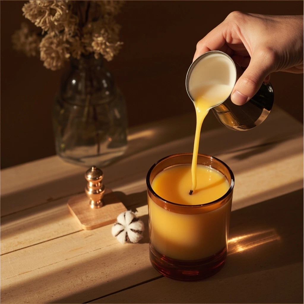 Hand-pouring a micro-batch of candles at the studio bench.