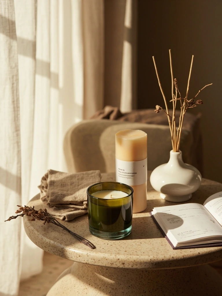 Hand-poured candle and perfumer's notebook styled in a boutique hotel lobby