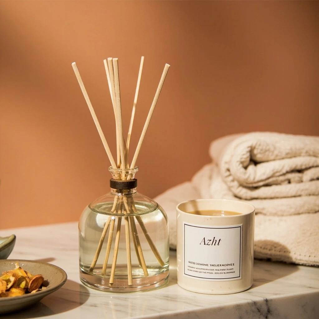 Reed diffuser styled with natural rattan on a marble shelf